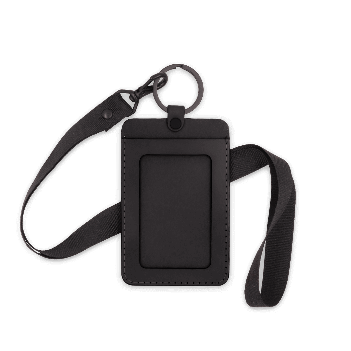 Black leather ID Badge Holder with pocket window, black hardware, and black lanyard.