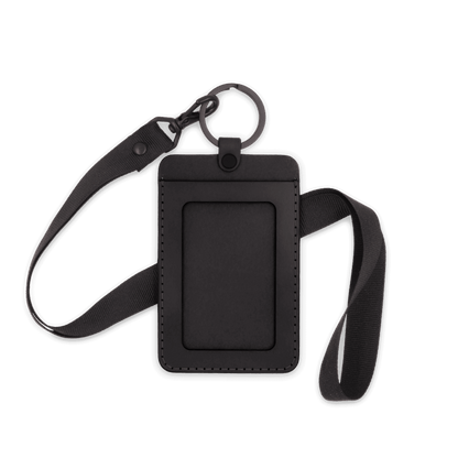 Black leather ID Badge Holder with pocket window, black hardware, and black lanyard.