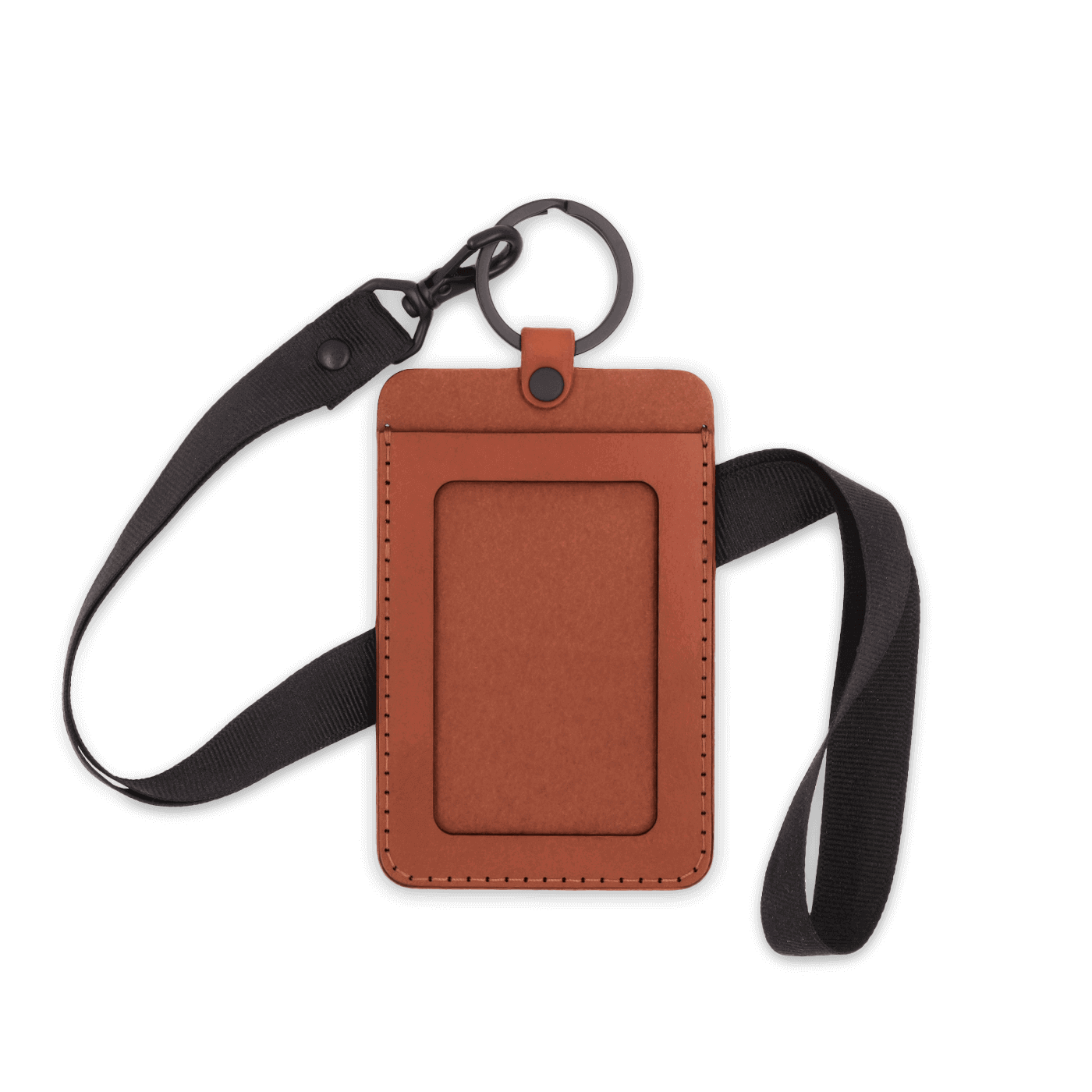 Brown leather ID Badge Holder with pocket window, black hardware, and black lanyard.