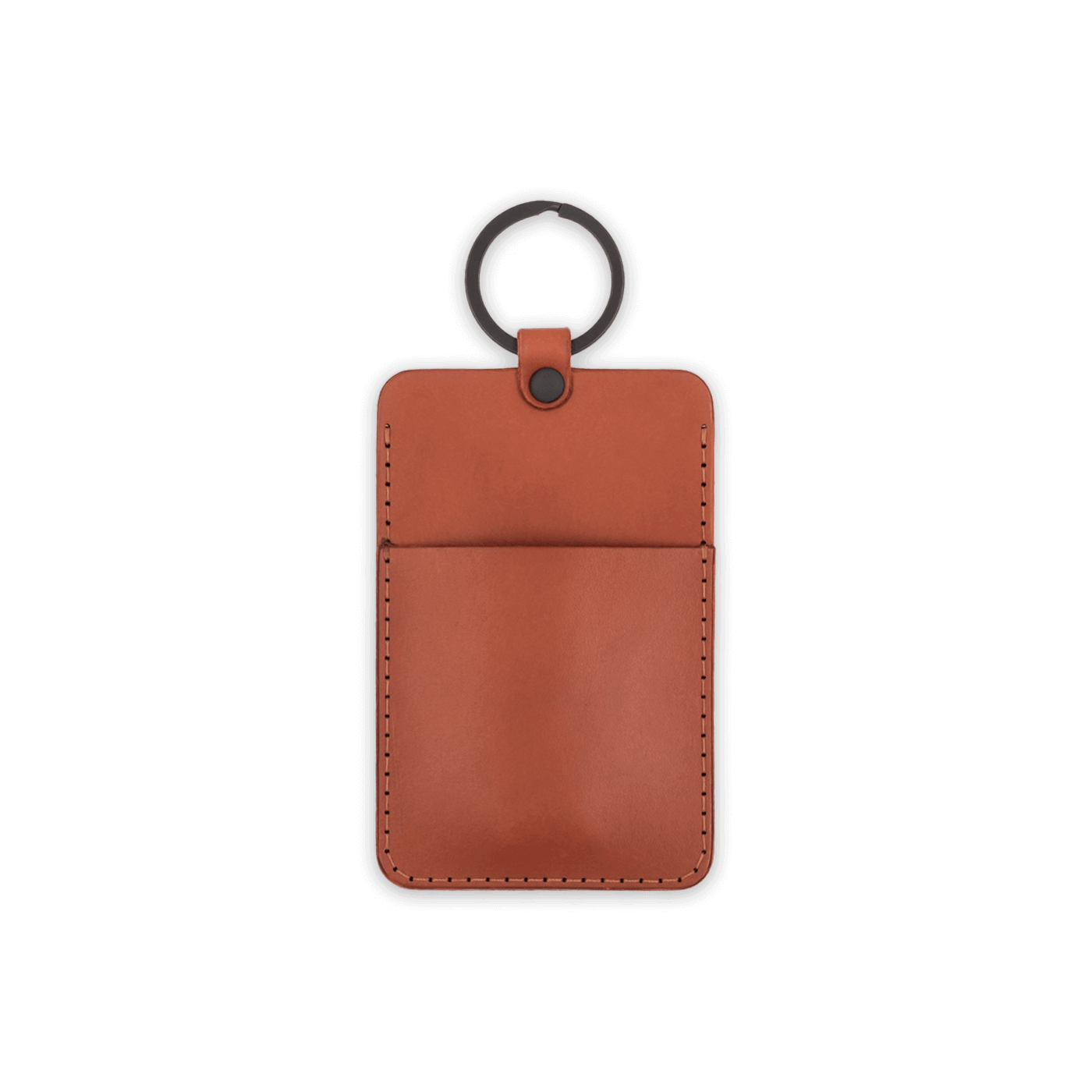 Brown leather ID Badge Holder back view with pocket and black hardware.