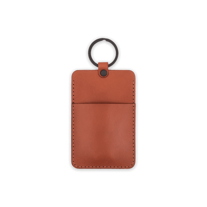 Brown leather ID Badge Holder back view with pocket and black hardware.