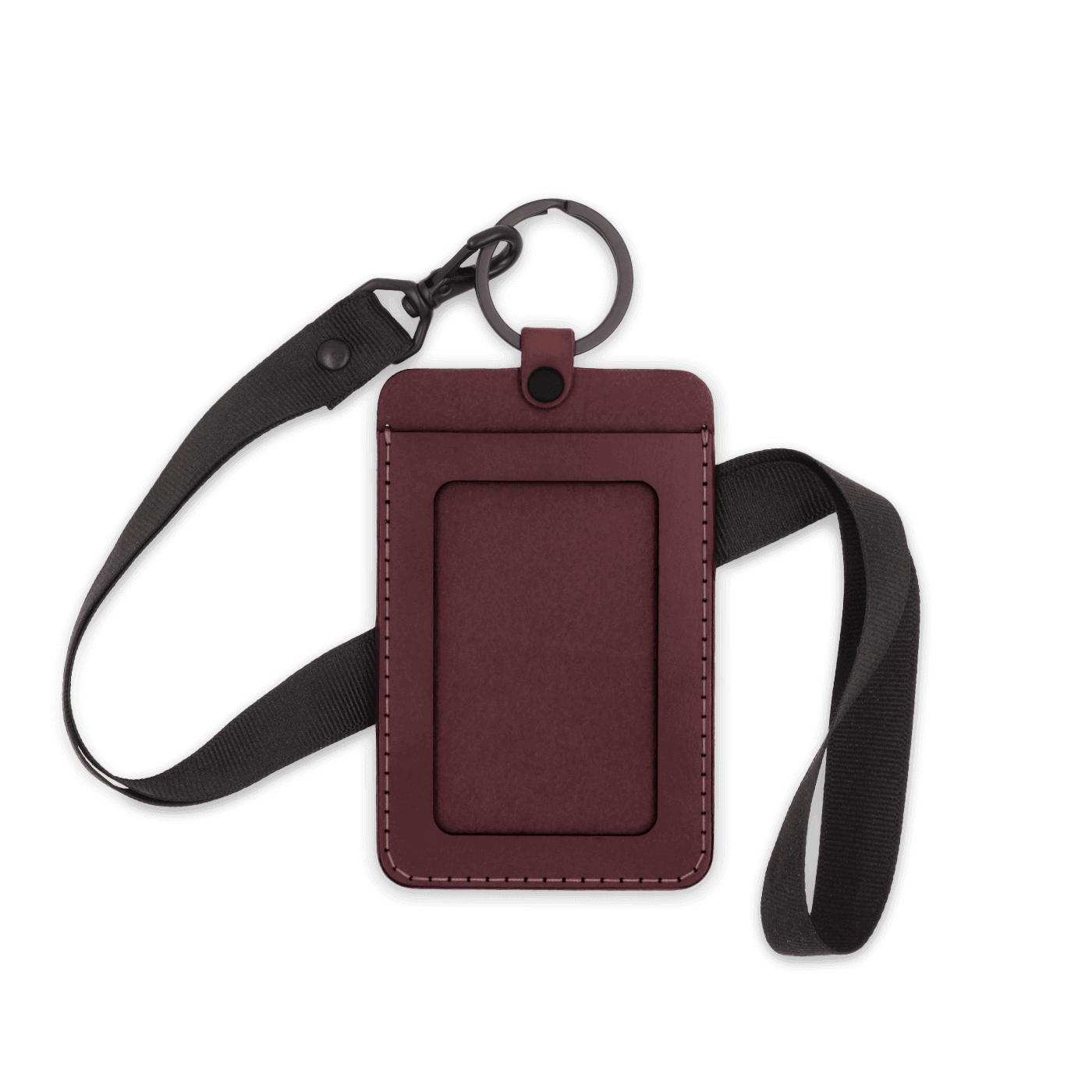 Burgundy leather ID Badge Holder with pocket window, black hardware, and black lanyard.