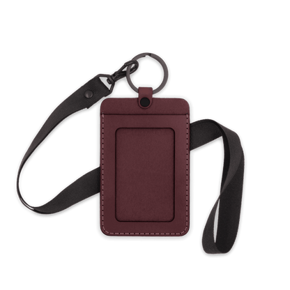 Burgundy leather ID Badge Holder with pocket window, black hardware, and black lanyard.