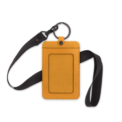 Gold leather ID card holder with black lanyard 