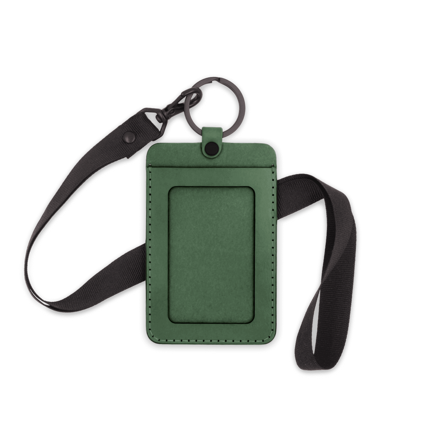 Green leather ID Badge Holder with pocket window, black hardware, and black lanyard.