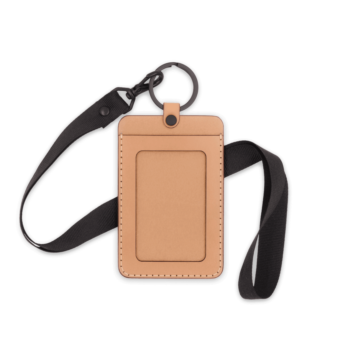 Natural leather ID Badge Holder with pocket window, black hardware, and black lanyard.