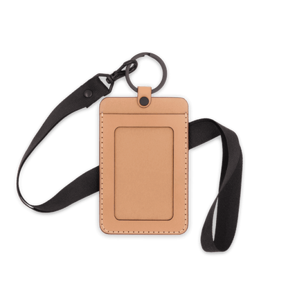 Natural leather ID Badge Holder with pocket window, black hardware, and black lanyard.