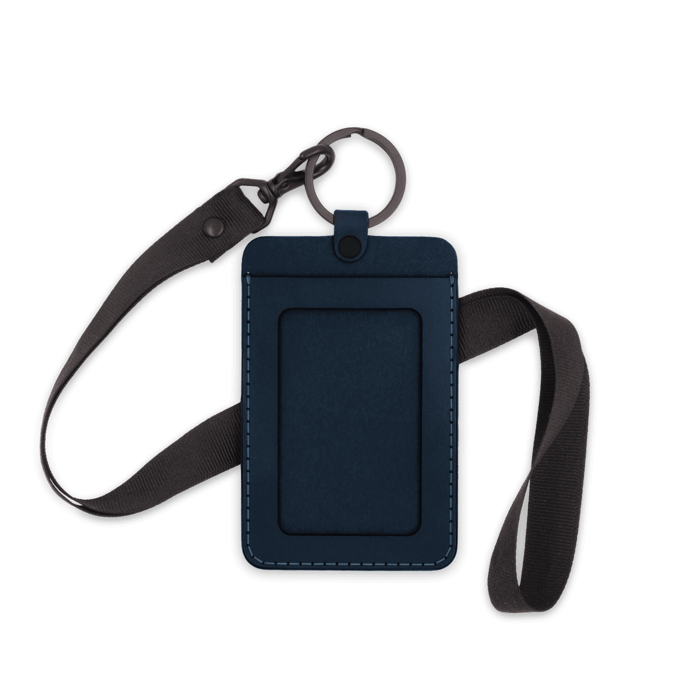 Navy leather ID Badge Holder with pocket window, black hardware, and black lanyard.