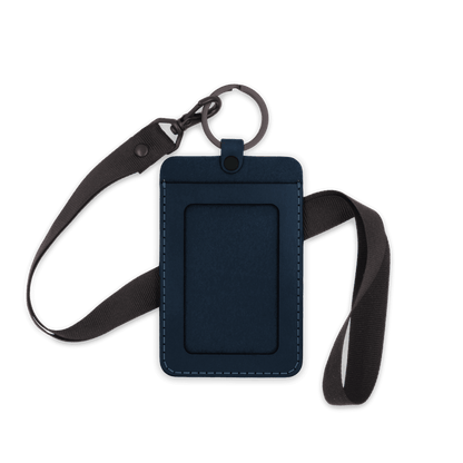 Navy leather ID Badge Holder with pocket window, black hardware, and black lanyard.