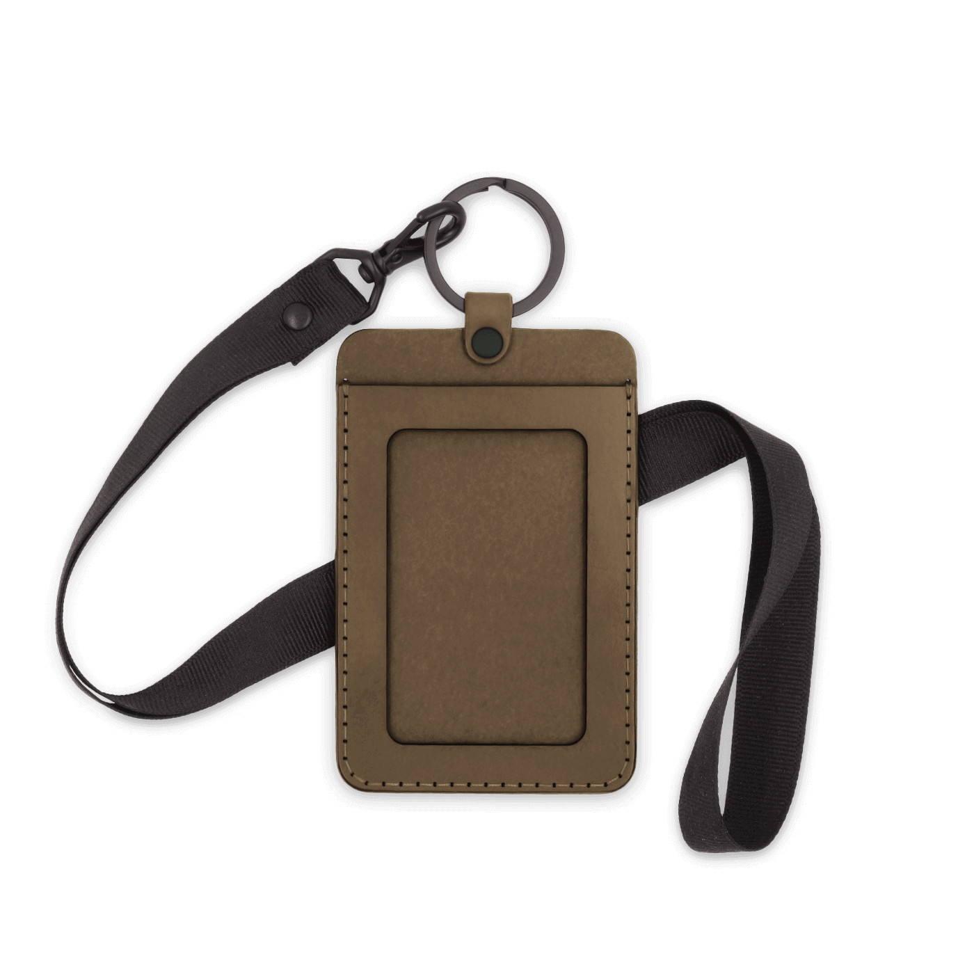 Olive leather ID Badge Holder with pocket window, black hardware, and black lanyard.