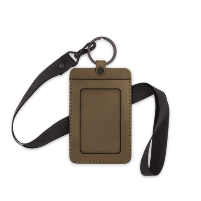 Olive leather ID Badge Holder with pocket window, black hardware, and black lanyard.