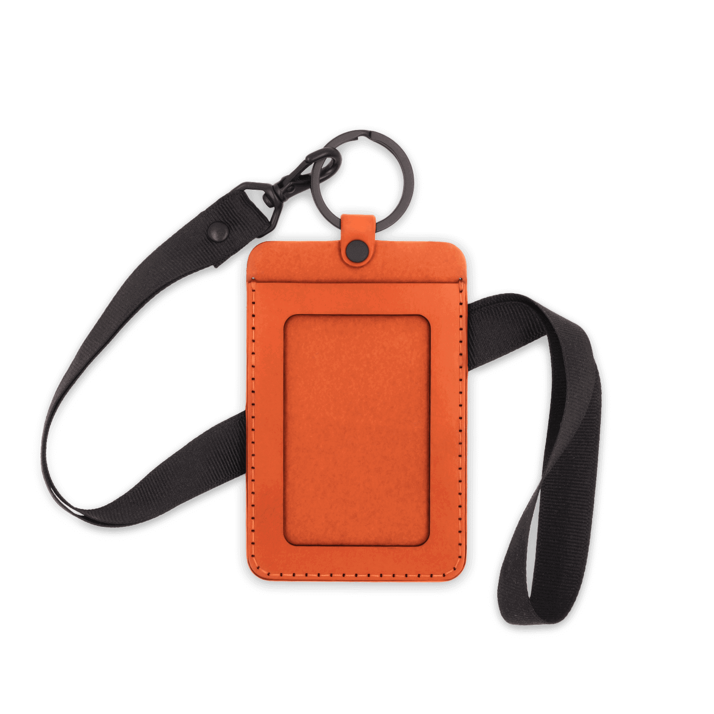 Orange leather ID Badge Holder with pocket window, black hardware, and black lanyard.