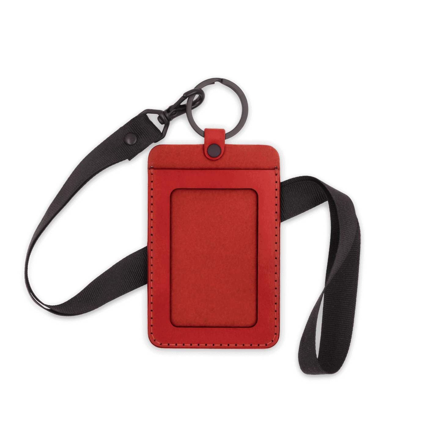 Red leather ID Badge Holder with pocket window, black hardware, and black lanyard.