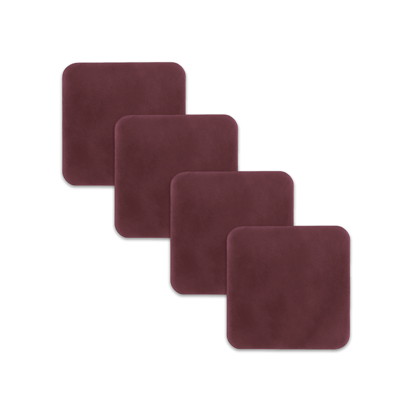 Burgundy square leather coasters spread out.