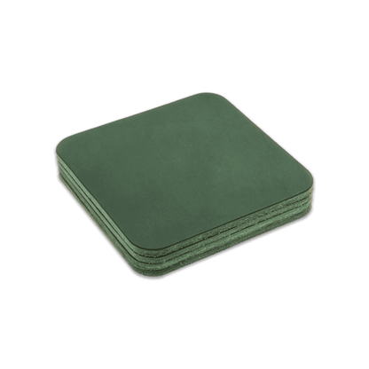 Green square leather coasters stack.