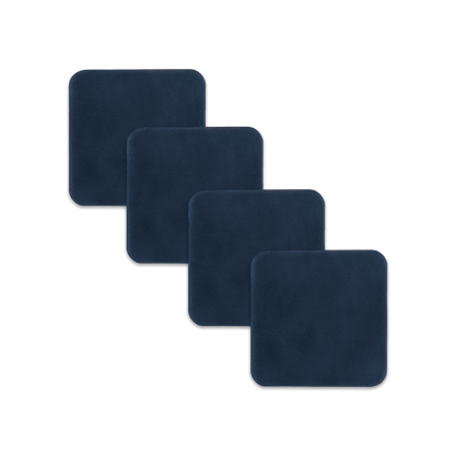 Navy square leather coasters spread out.