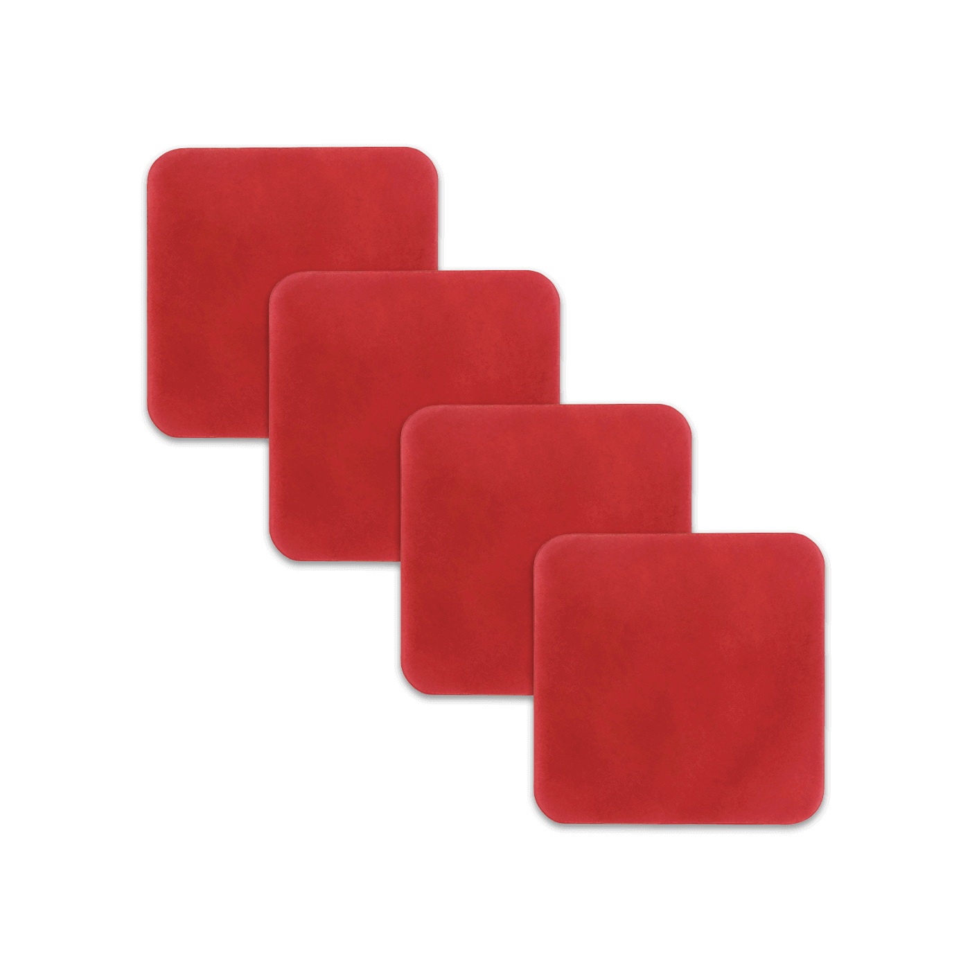 Red square leather coasters spread out.