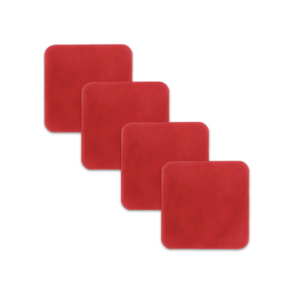 Red square leather coasters spread out.