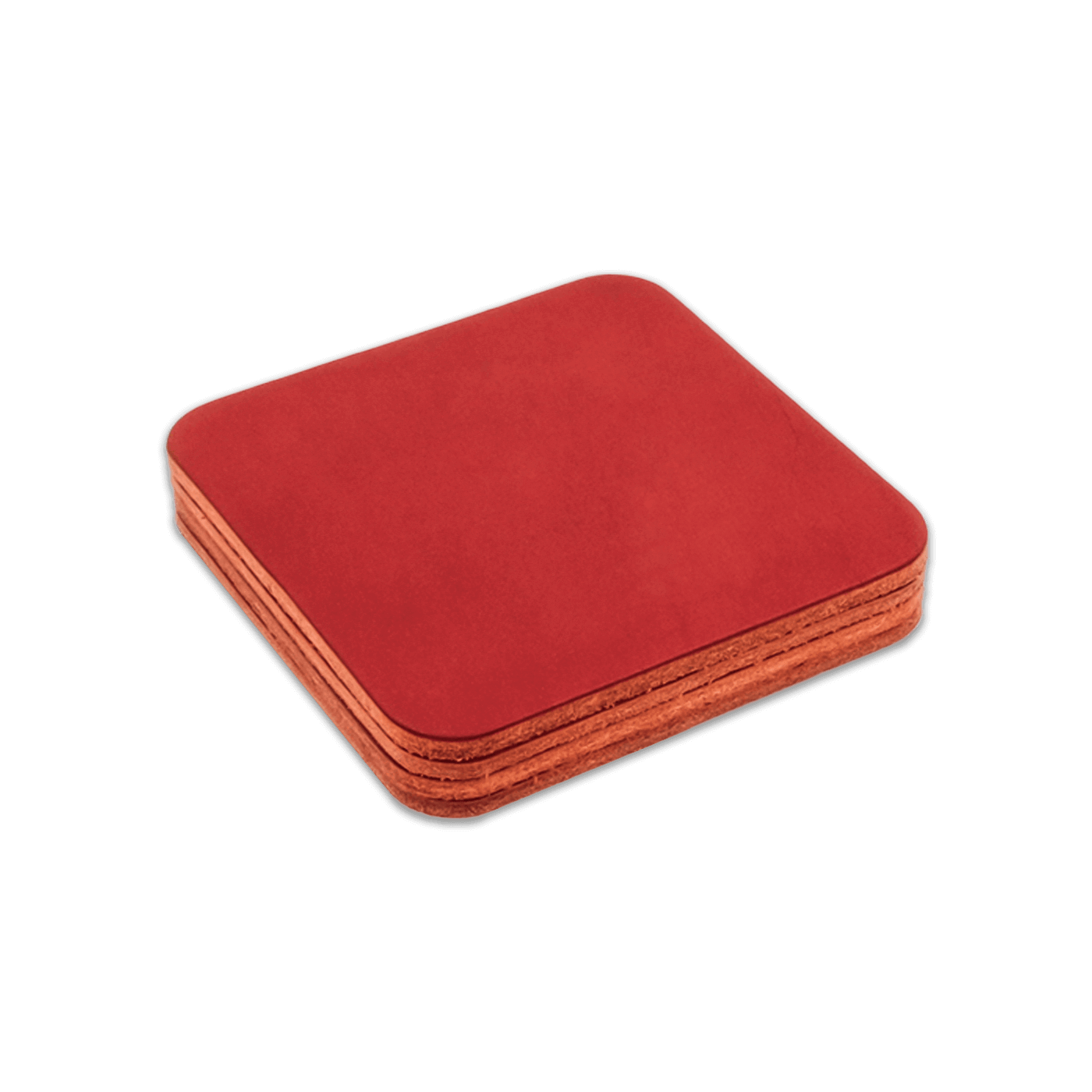 Red square leather coasters stack.