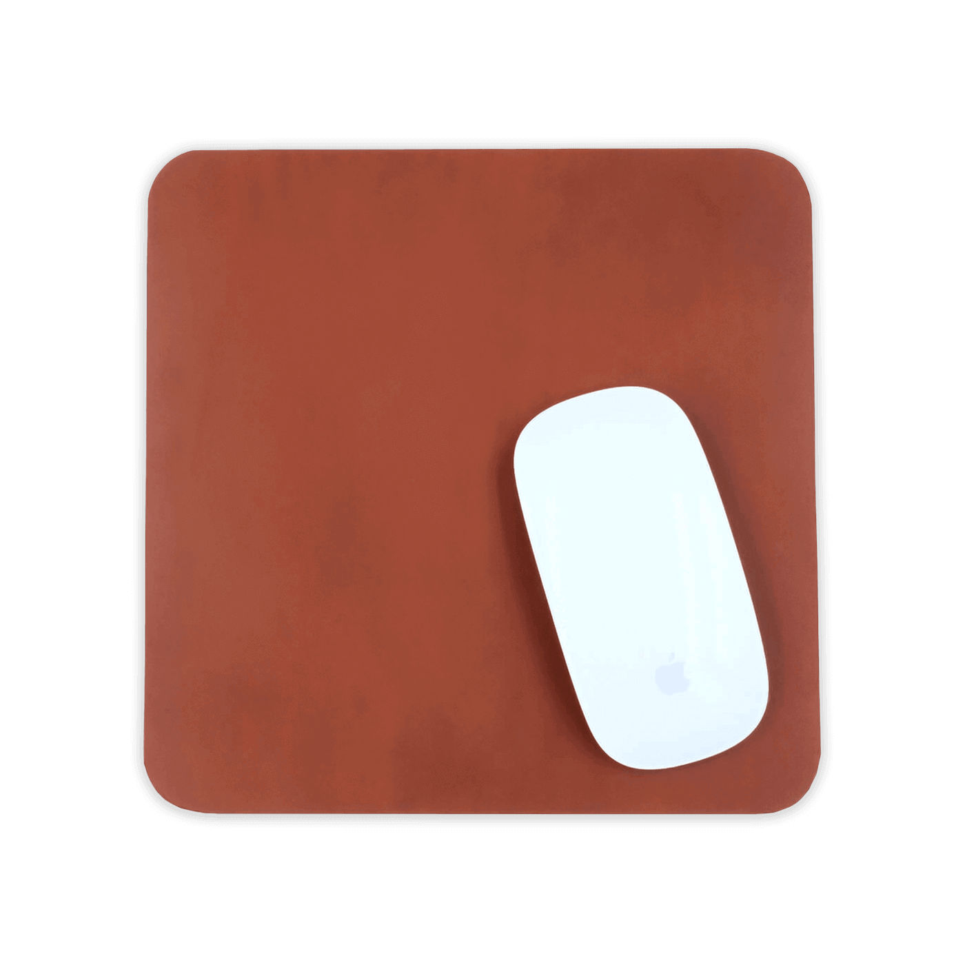 Brown leather square mousepad with white Apple mouse