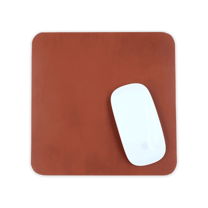 Brown leather square mousepad with white Apple mouse