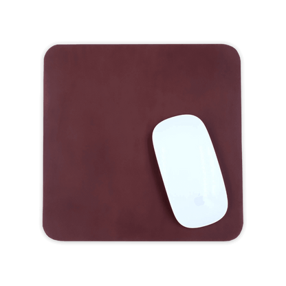 Burgundy leather square mousepad with white Apple mouse