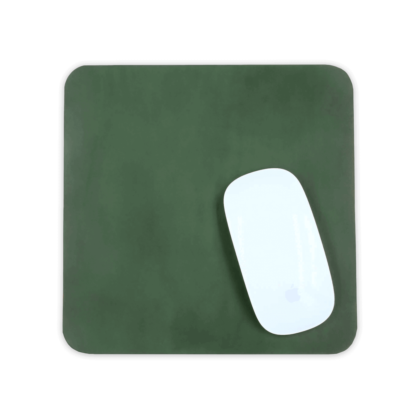 Green leather square mousepad with white Apple mouse