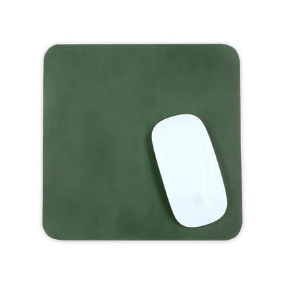 Green leather square mousepad with white Apple mouse