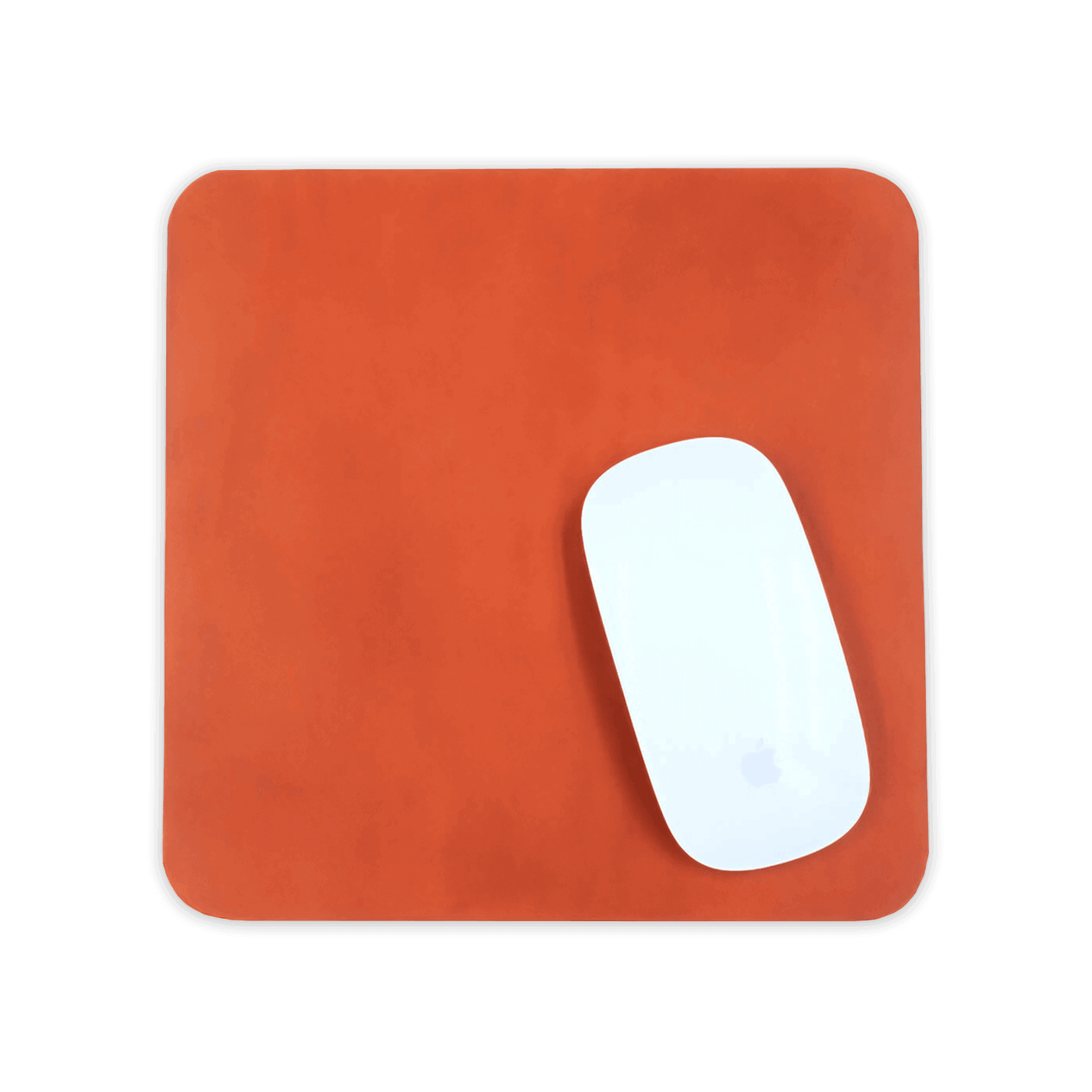 Orange leather square mousepad with white Apple mouse