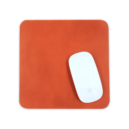 Orange leather square mousepad with white Apple mouse