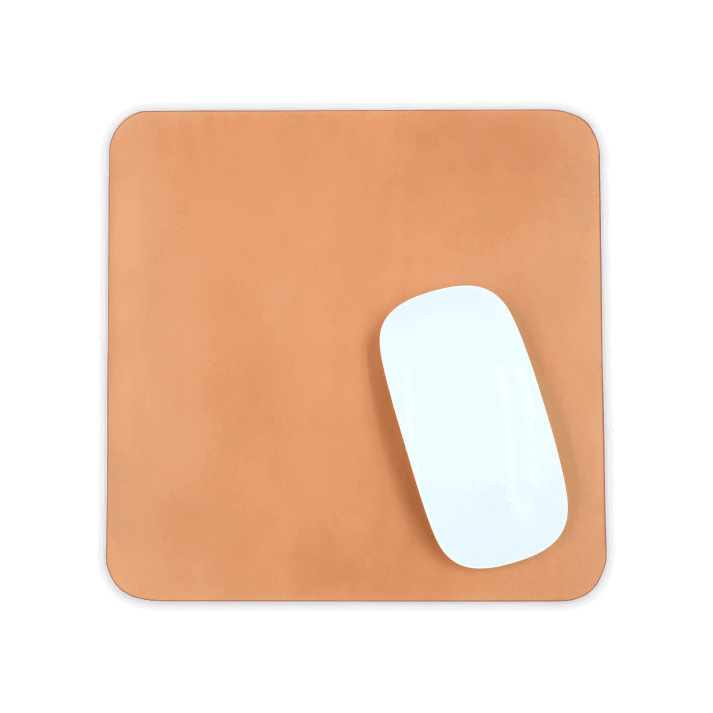 Tan leather square mousepad with white Apple mouse