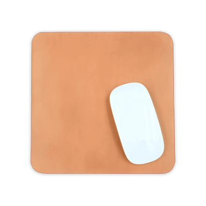 Tan leather square mousepad with white Apple mouse