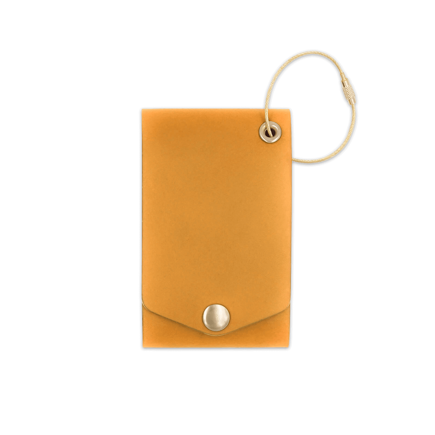 Gold leather luggage tag with brass hardware and snap closure 