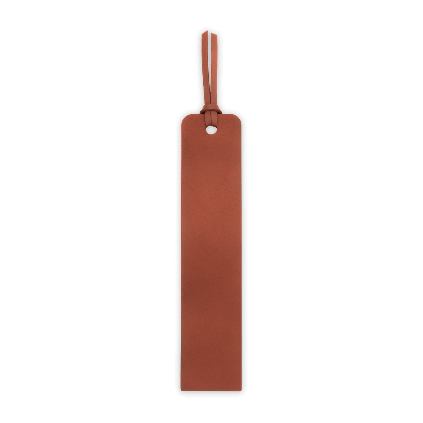 Rectangular brown leather tag with a strap on a black background