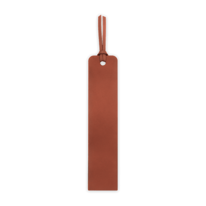 Rectangular brown leather tag with a strap on a black background