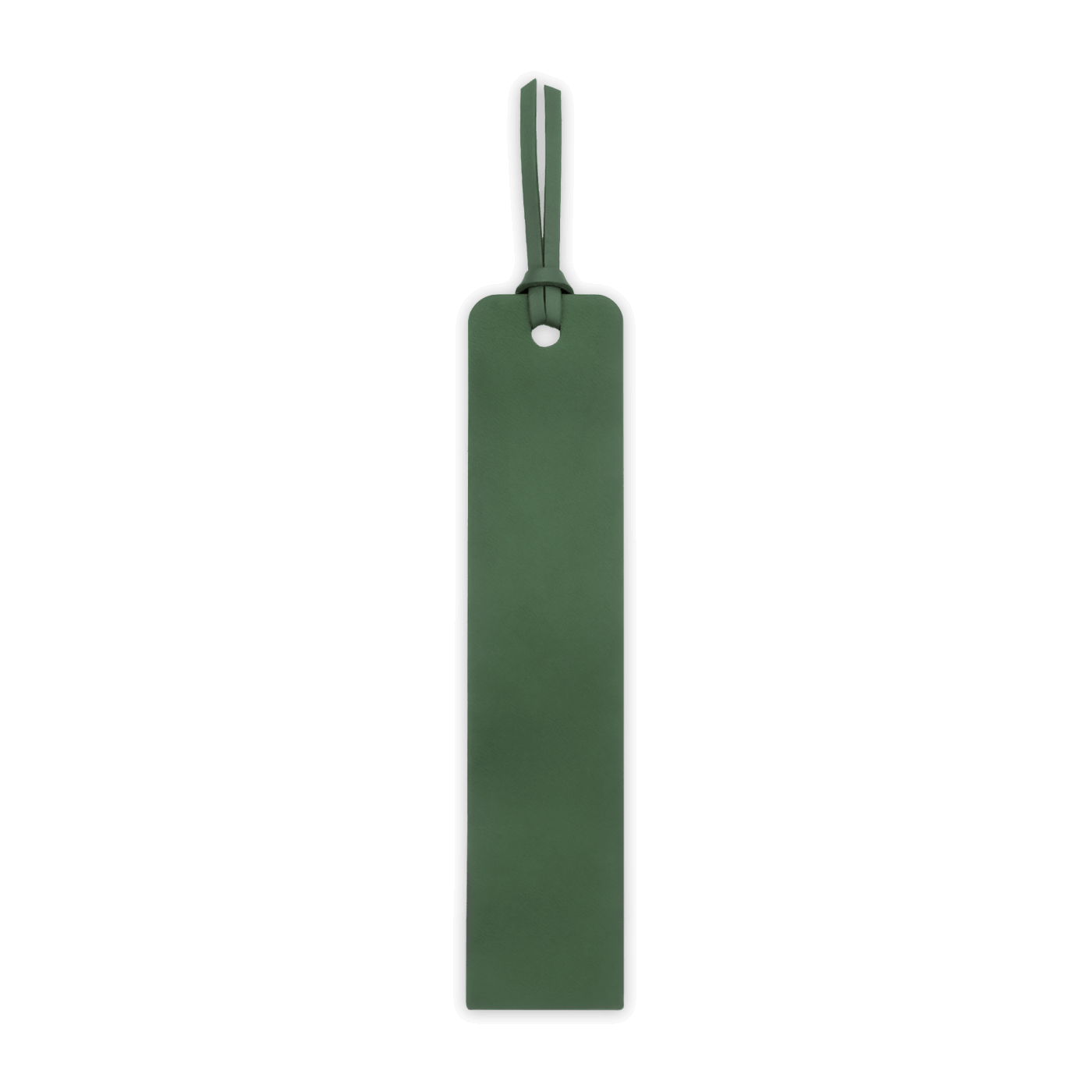 Green leather tag with a strap on a black background
