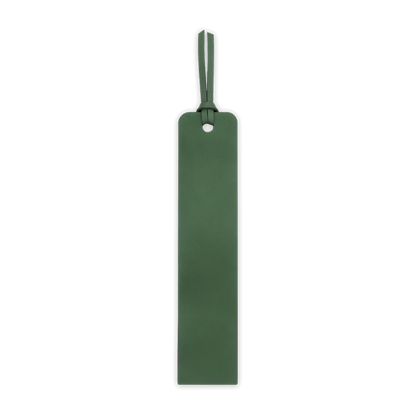 Green leather tag with a strap on a black background