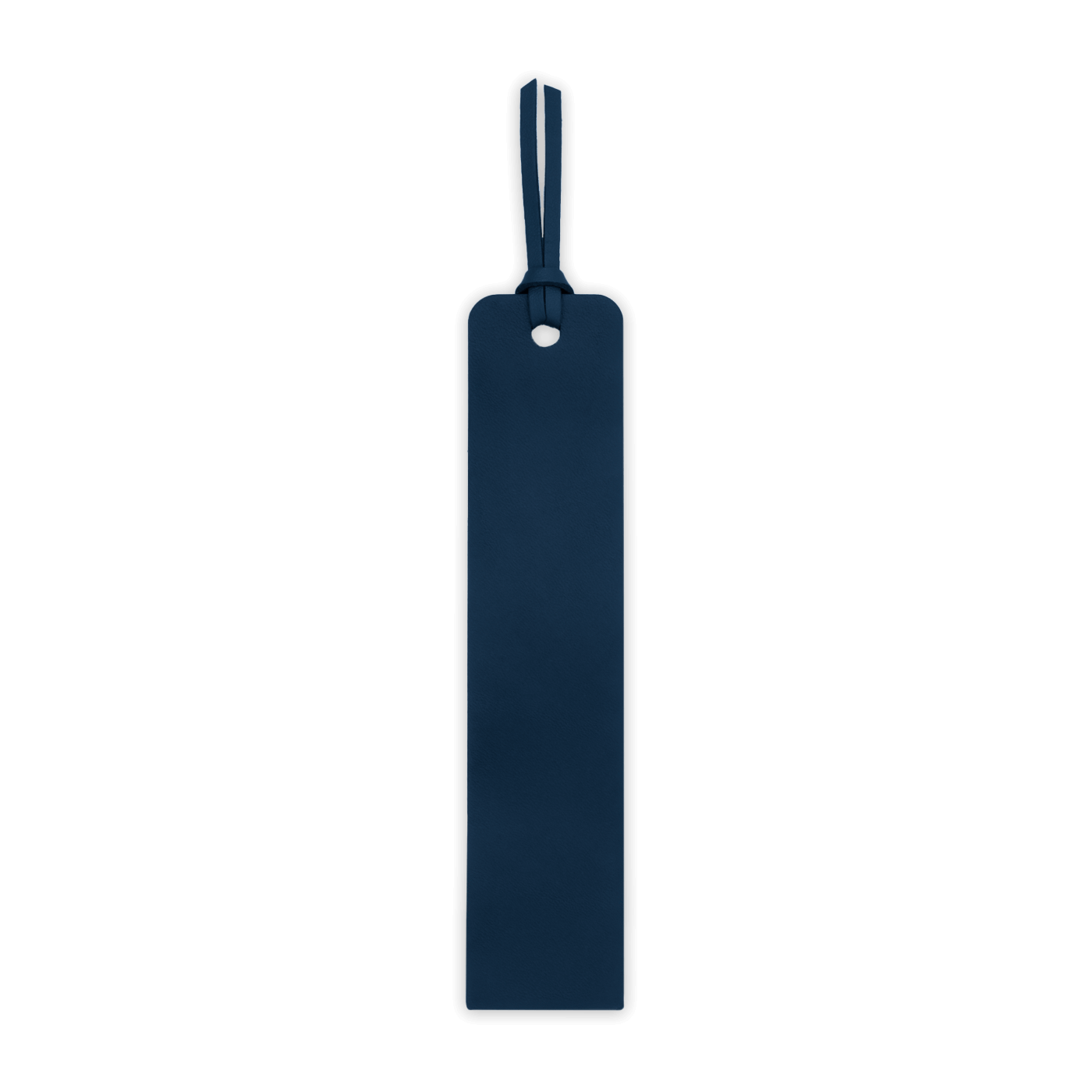 Navy rectangular tag with a strap on a black background