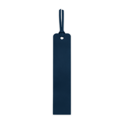 Navy rectangular tag with a strap on a black background