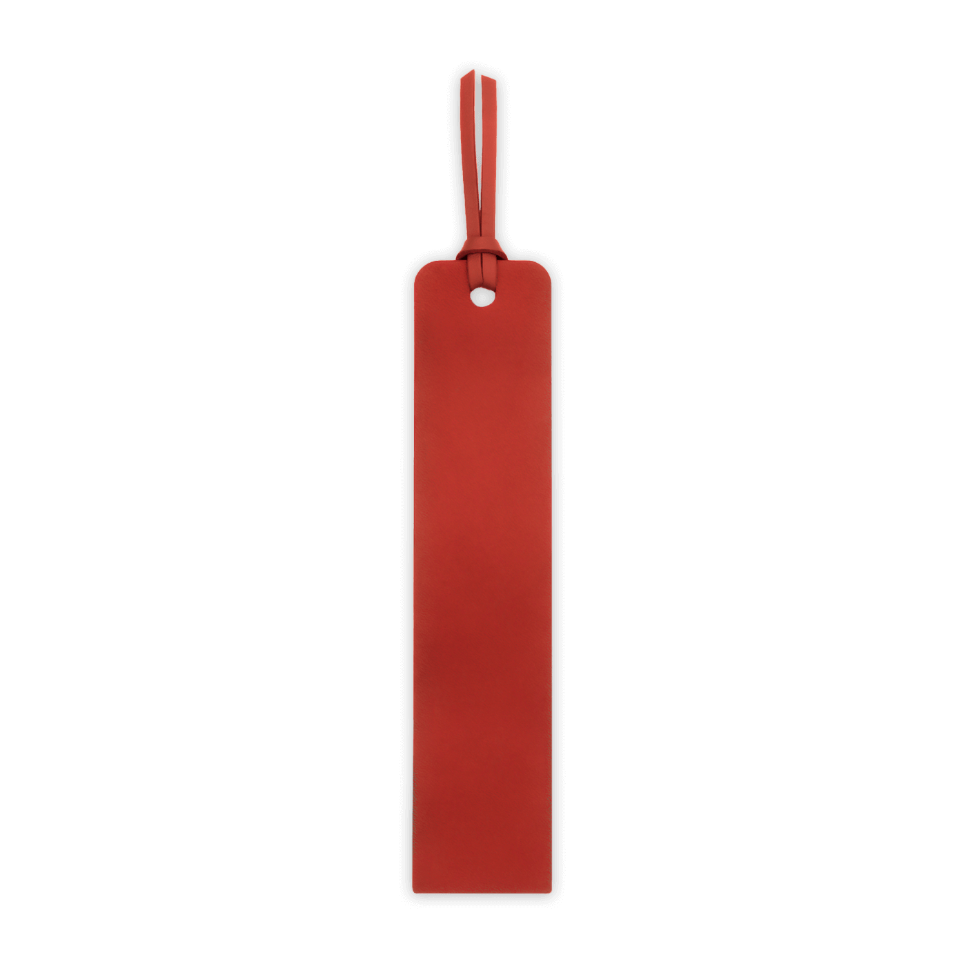 Red leather tag with a strap on a black background