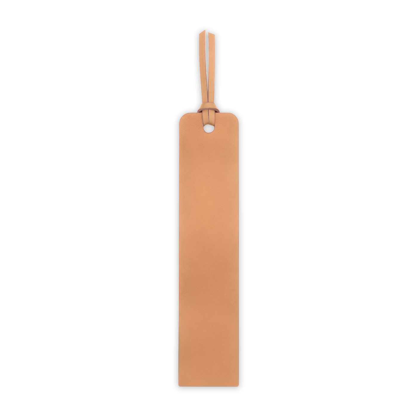 Rectangular tan leather tag with a hole on a black background