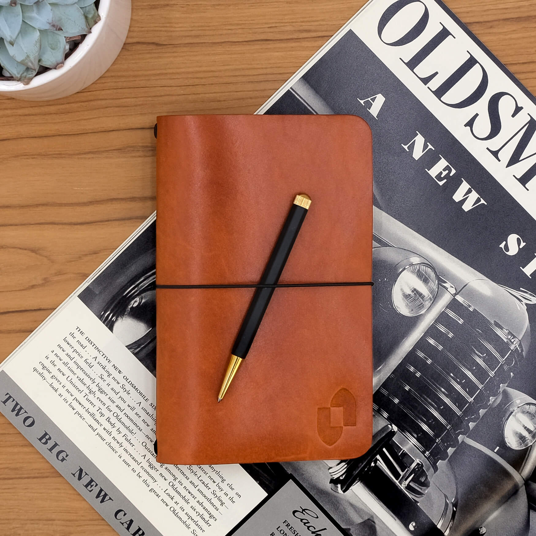 Woolly Made Brown leather Journal with a Yale logo that's debossed.