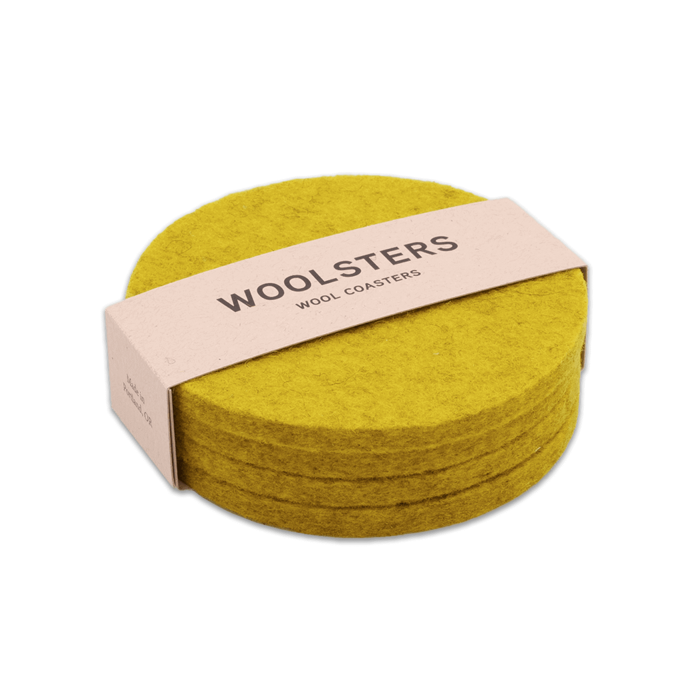 Yellow wool round coaster set stacked.